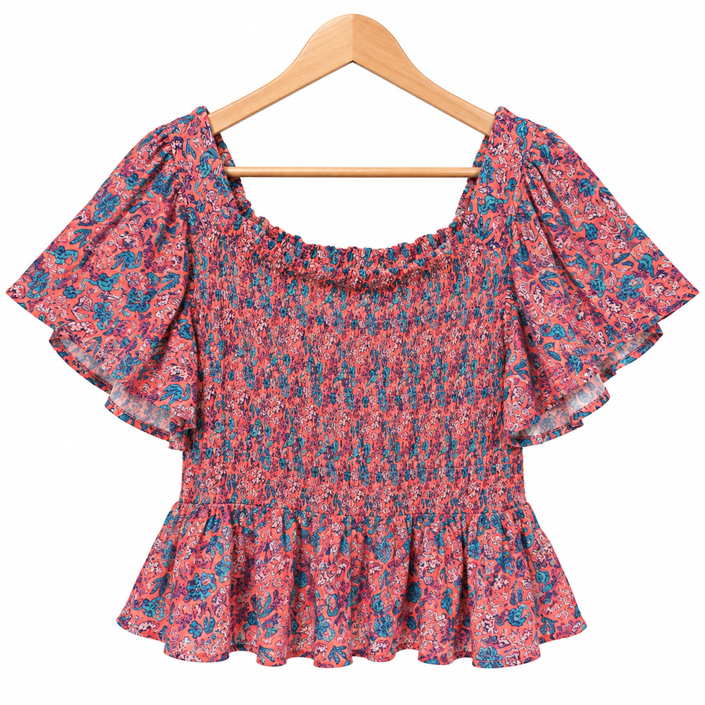 Simply Southern Blouse Womens XL Pink Seahorse Smocked Peplum Flutter Sleeve NWT